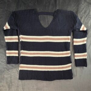 Pink Rose Navy White Pink Striped V Neck Cutout Back Knit Sweater L